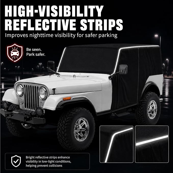 600D Cab Cover Windproof Sunshade Cover Compatible with Jeep Wrangler CJ7 1976-1986 2 Door, 6-Layer Protection Frost Wiper & Mirror Covers Protect from Sunshine, UV, Snow, Rain