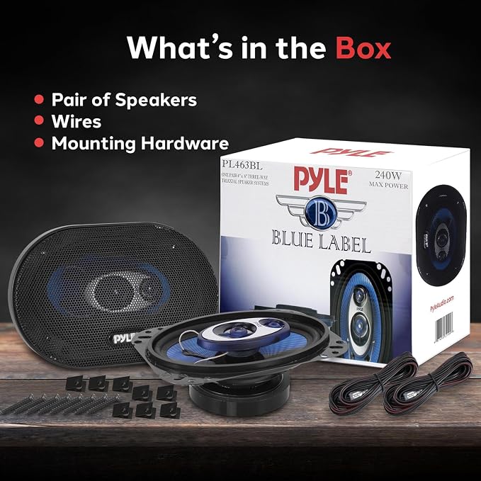 Pyle 4'' x 6'' Three Way Sound Speaker System - Pro Mid Range Triaxial Loud Audio 240 Watt per Pair w/ 4 Ohm Impedance and 3/4'' Piezo Tweeter for Car Component Stereo PL463BL