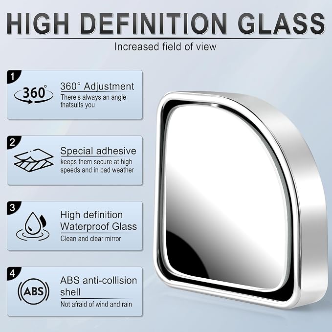 2PCS Fan Blind Spot Mirror, HD Glass and ABS Housing Convex Wide Angle Rearview Mirror with Adjustable Stick for Universal Car, Silvery