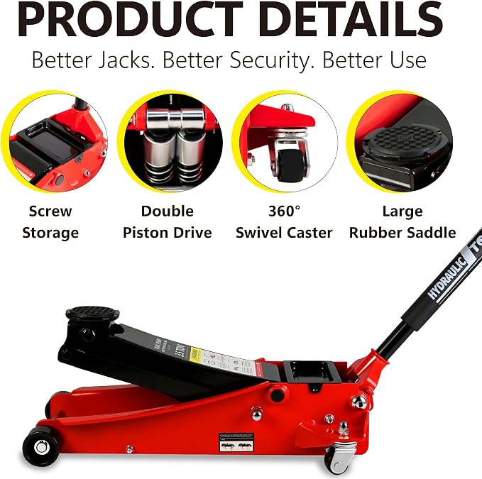 3.5 Ton Low Profile Trolley Floor Jack,Professional Steel Racing Jack with Dual Pistons Quick Lift Pump,Red Heavy Duty Hydraulic Lifting Range 4''-21'',3.5 (7,000 lb) Capacity