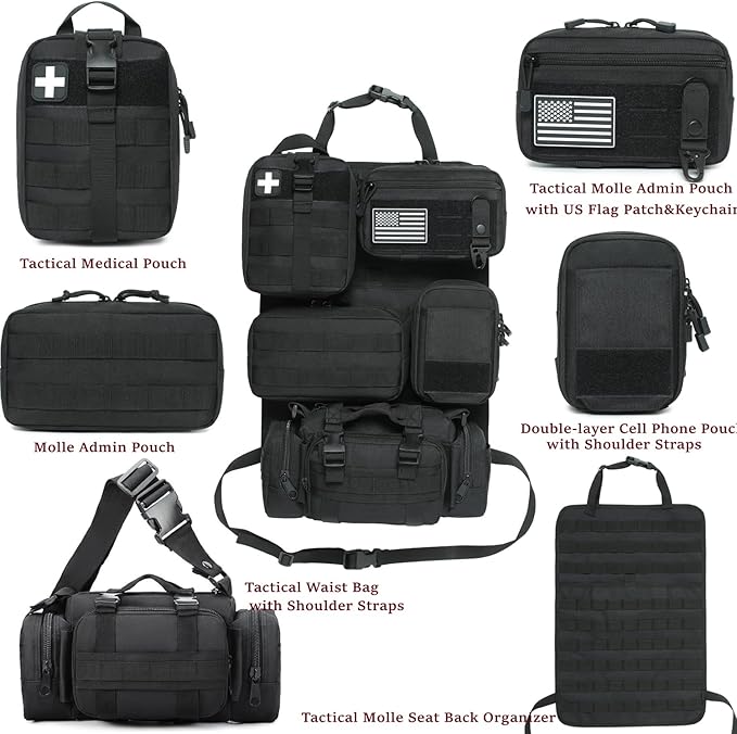 6 Pack Tactical Molle Car Seat Back Organizer,Backseat Organizer for Man | Tactical Vehicle Panel Organizer with 5 Detachable Molle Pouch,US Flag Patch and Keychain,Great Trunk Accessories
