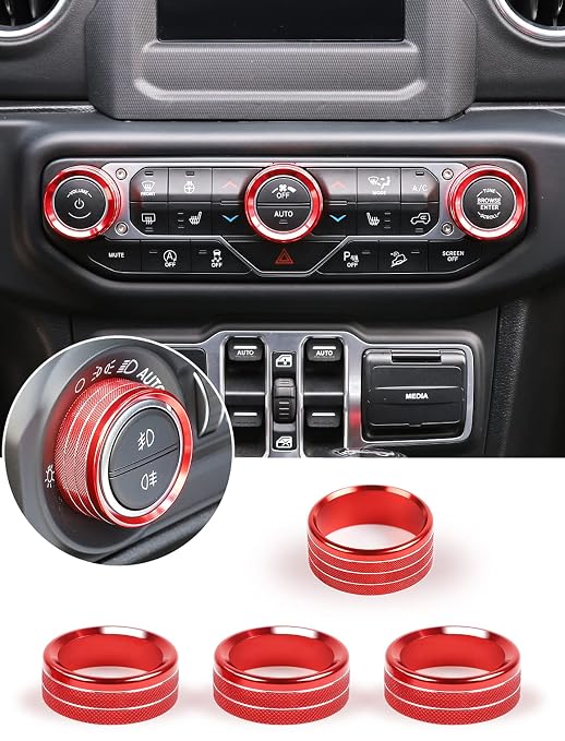 HVAC Climate Control Panel Knob Trim Kit & Light Control Switch Cover, Air Conditioner Knob Aluminum Alloy Ring for 2018-2024 Jeep Wrangler JL JLU & Gladiator JT, Interior Accessories, red