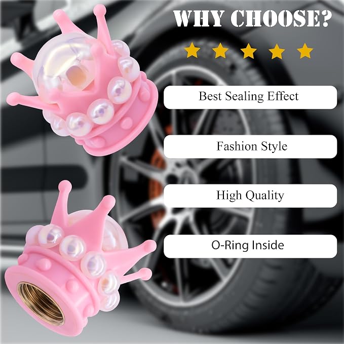 4PCS Crown Bling Tire Stem Valve Caps, Crystal Diamond Tire Air Cap Set Universal Copper Core Stem Covers for Cars, SUV, Trucks, Bikes, Motorcycles, Bicycles (Pink & White)