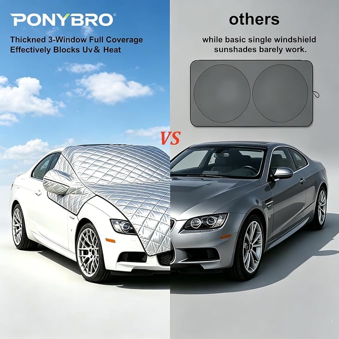 Padded Windshield Sun Shade Hood Cover Universal Fit Sedan SUV | Waterproof Windshield, Driver Side Window and Engine Hood Shield, All Weather Vehicle Guard Against UV Rays, Snow, Ice, Hail