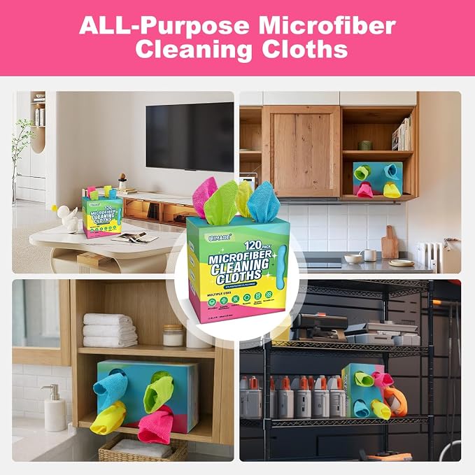 Microfiber Cleaning Cloth, 120 Pack Reusable Paper Towels Microfiber Towels for Cars Lint Free Shop Rags for Home Kitchen Automotive, 11"x 9", Pink & Yellow & Green & Blue