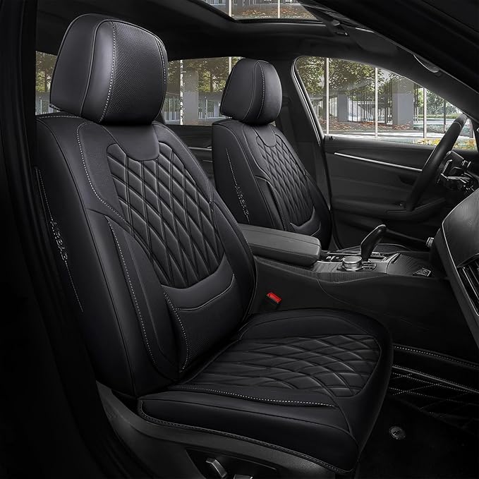 Black Car Seat Covers Full Set - Faux Nappa Leather Seat Covers for Cars, Ultra Breathable Waterproof Front Seats Protector with Lumbar Support, Universal Fit for Automotive Sedan SUVs Pickups
