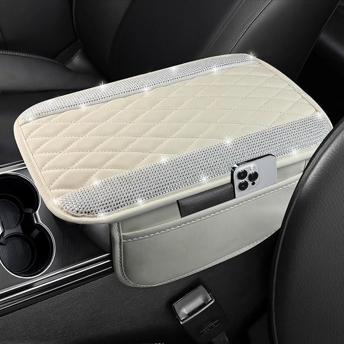 Bling White Car Center Console Cover, Leather Car Arm Rest Cover with 2 Storage Bags, Universal Auto Armrest Protector Storage Box, Bling Accessories Interior for Most Vehicles