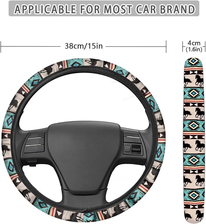Aztec Horse Blue Car Steering Wheel Cover Universal 15 Inch Steering Wheel Wrap Anti-Slip Soft Elastic Decorative Auto Accessories All Weather Protection