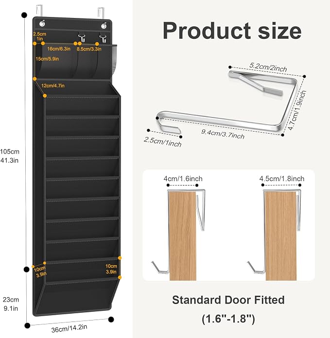 Wall Hanging File Organizer, Over the Door File Folders with 10 Large Pockets for Magazines, Mails, Office Chart Storage, Back to School Supplies, Paper Organization (Black)