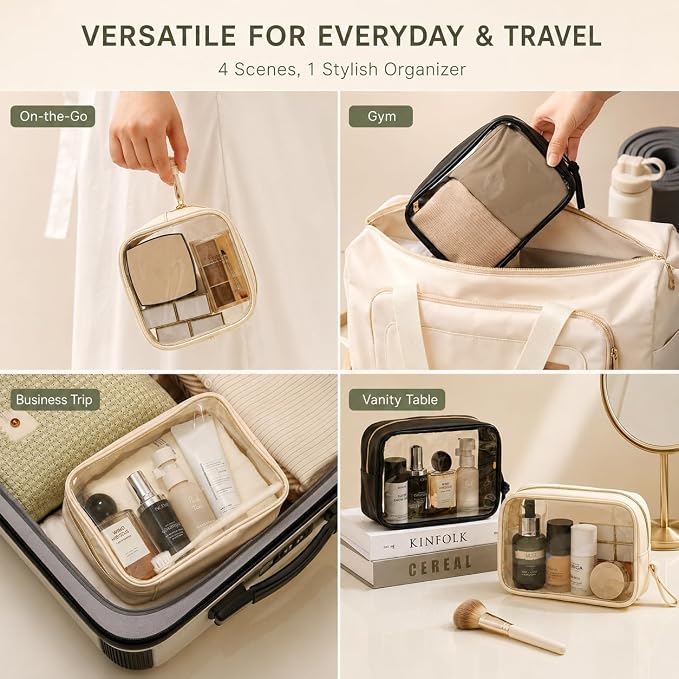 Clear Makeup Bags with Zipper, TSA Approved Travel Toiletry Bag,Clear Cosmetic Bag, Waterproof Make Up Bag for Women (Stand-up, off-white, 1 Small + 1 Medium + 1 Large)
