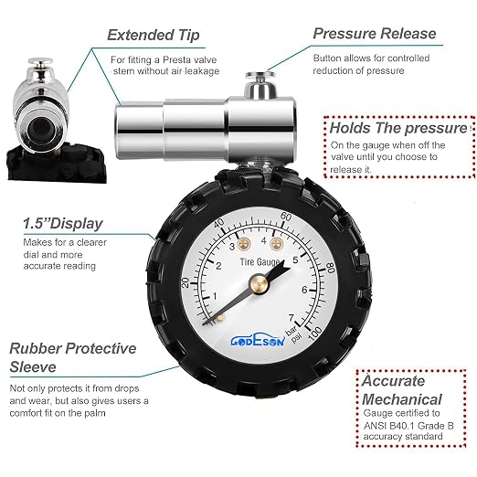 Presta Valve Gauge, Analog Presta Valve Bicycle Tire Pressure Gauge,100PSI/7Bar, Suitbale for Hybrid Bike Tire Inflation Range