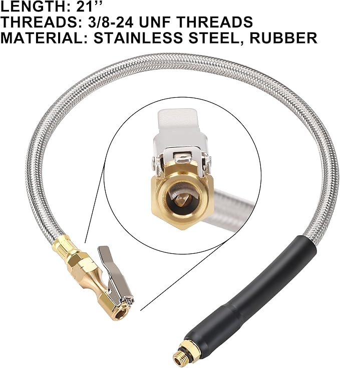 21’’ Tire Inflator Gauge Hose Replacement, 3/8-24 UNF Threads