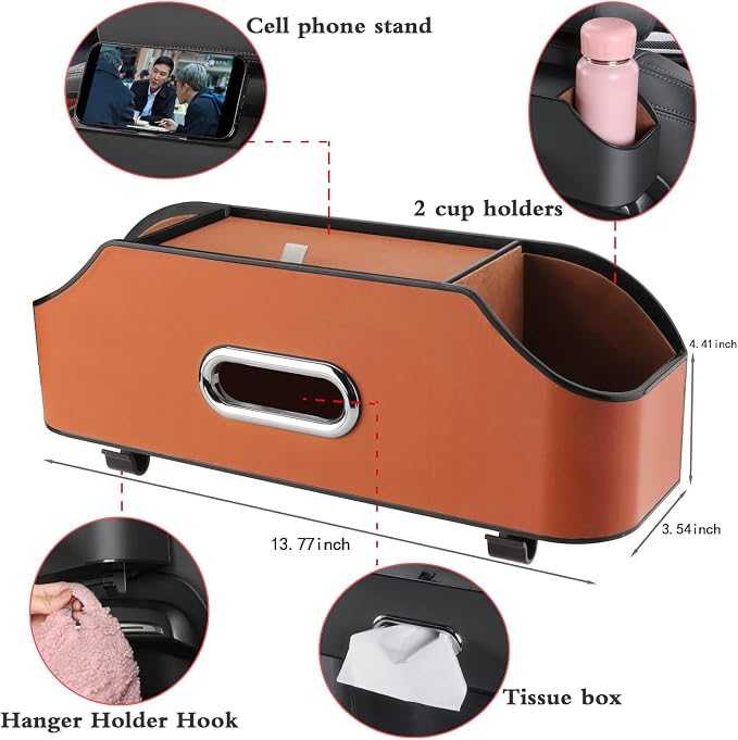 Car Back Seat Organizer with 2 Drink Cup Holder - Tissue Box and Storage Box Hook - Multi-functional Storage - Great for Kids and Travel (Orange)