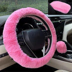 Furry Car Steering Wheel Cover with Fluffy Gear Shift Cover and Center Console Cover, Soft Warm Plush Non-Slip, 14 1/2-15 inch, for Women Girls 3 PCS Set, Pink