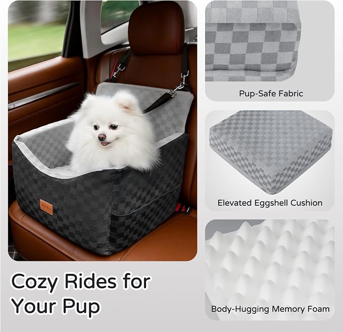 Dog Car Seats for Small Medium Dogs Up to 35lbs | Elevated Dog Booster Seat with Detachable Washable Cover & Cushion | Memory Foam Pet Car Travel Seat with Safety Belt and Storage Pockets (Black Grey)