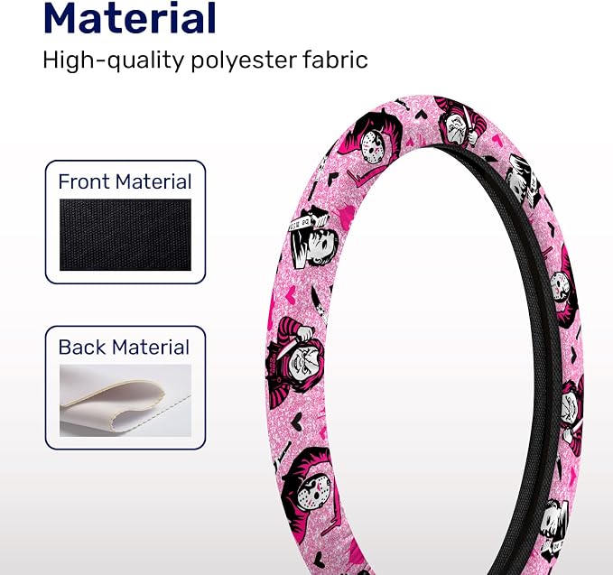 Pink Retro Horror Mask Steering Wheel Cover, Non-Slip Polyester Wheel Grip, Universal 15 Inch Car Accessory