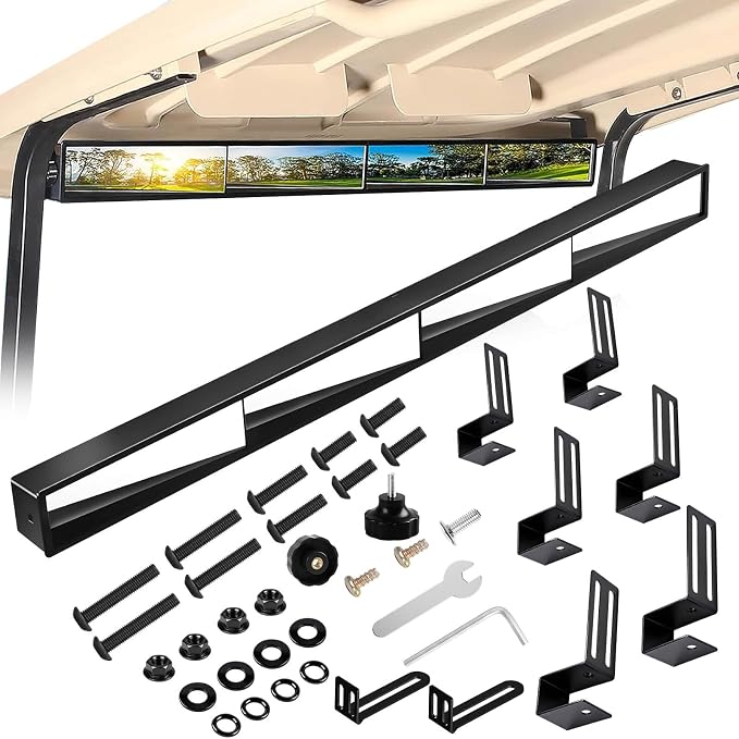 No Drill Golf Cart Rear View Mirror for Club Car EZGO Yamaha No Blind Spot | 4 Panel 160° Wide View, Reduce Shake, 360° Adjustable Rotation, Fit 0.75/1/1.25 inch Square Tubes for Golf Course & Daily Use