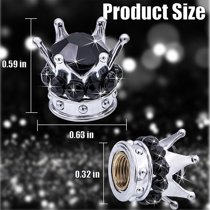 4PCS Crown Bling Tire Stem Valve Caps, Crystal Diamond Car Wheel Tire Valve Caps Universal Copper Core Stem Covers for Cars, SUV, Trucks, Bikes, Motorcycles, Bicycles (Silver & Black)