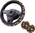 Wildflower Car Steering Wheel Cover 15 Inch Wildflower Steering Wheel Cover Anti-Slip Breathable Universal 2 Pcs Car Interior Cup Holder Pad for Men Women Multicolor Flowers