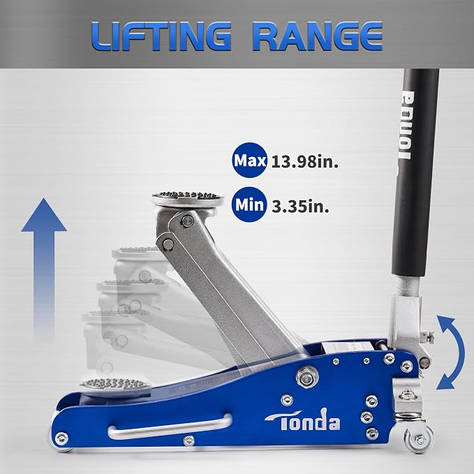 Floor Jack, Low Profile 2 Ton Aluminum and Steel Car Jack, Blue | Dual Pump System, Rapid Lift, 3.35"-13.98", 360-degree swivel casters