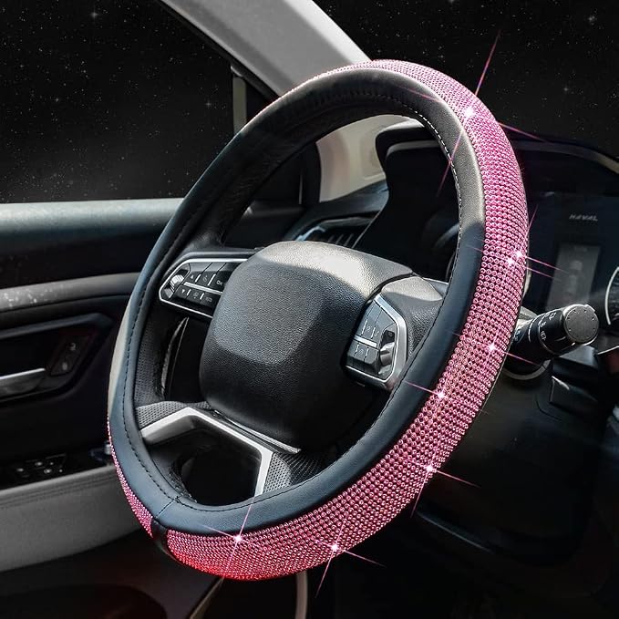 New Diamond Leather Steering Wheel Cover with Bling Bling Crystal Rhinestones, Universal Fit 15 Inch Car Wheel Protector for Women Girls Pink Diamond