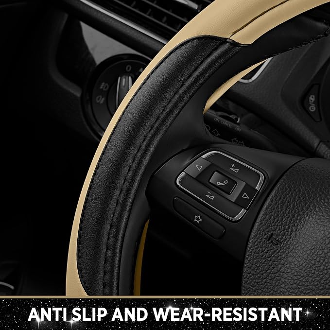 Leather Steering Wheel Cover - Made with PVC Leather - Anti-Slip, Universal Fit 14 1/2 inches to 15 inches - Beige