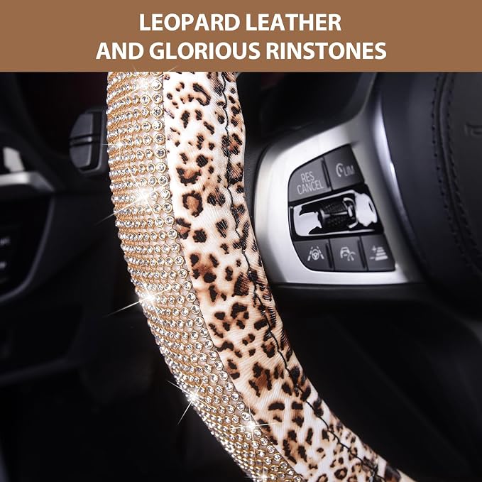 Leopard Print Steering Wheel Cover - Bling Crystal Rhinestones Cheetah Print on PVC Leather Non-Slip Breathable Design for Women/Girls Universal Fit 14.5-15 Inch