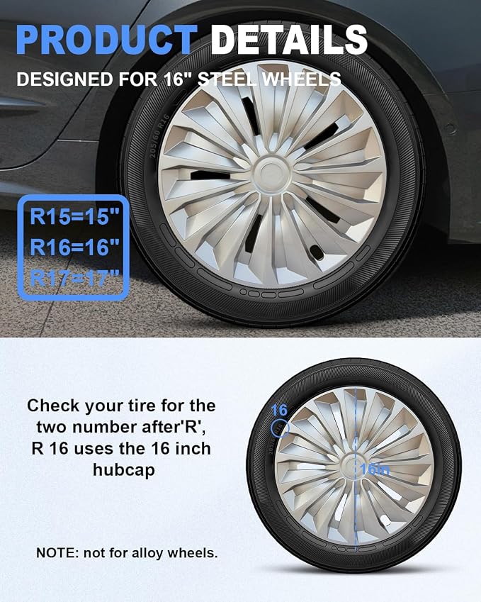 Hubcaps,16 inch hubcaps Set of 4, Wheel Rim Cover ABS Material, Snap On Car Truck SUV Replacement, for Toyota Camry Nissan Mazda etc, Silver