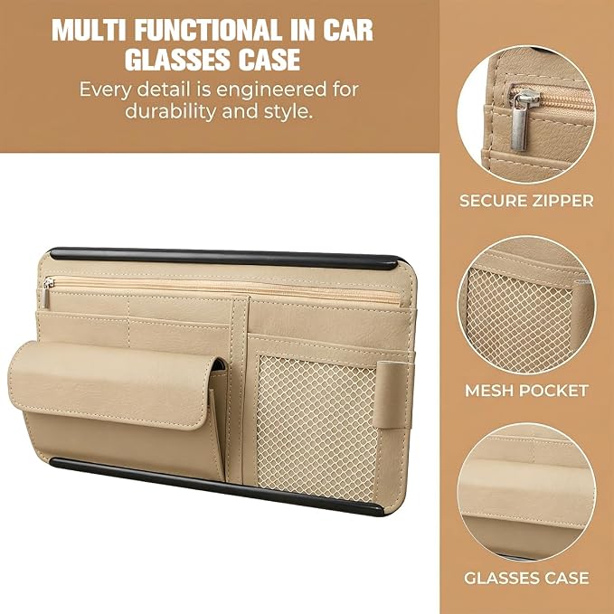 Car Sun Visor Organizer with Zipper Pocket, Multi-Pocket Vehicle Visor Storage Pouch with Card Sleeve, Eyeglasses Holder Box, Auto Interior Sunvisor Organizer Pocket, Universal Fit (Beige)
