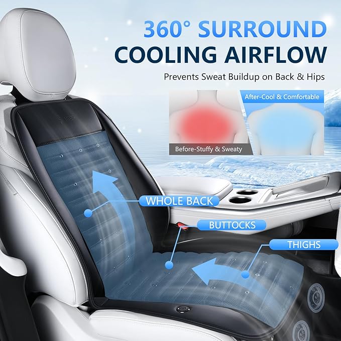 Cooling Car Seat Cover Ventilated Seat Cushion with 2 Powerful Turbo Fans 3-Speed Adjustable 12V-24V Cooling Car Seat Pad for Summer Driving Universal Fit for Car SUV Truck Van