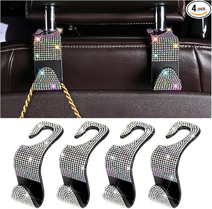 Zpana 4PCS Bling Car Seat Headrest Hooks, Vehicle Back Seat Purse Handbag Hanging Holder with Crystal Rhinestone, Diamond Storage Organizer Hook, Universal Automotive Accessories (Black/AB)
