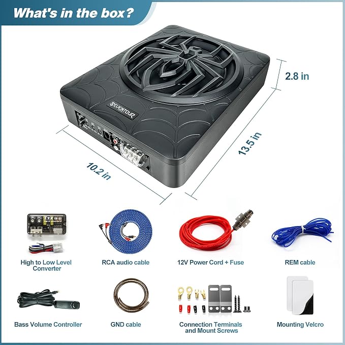 10" 1200W Slim Under Seat Powered Car Subwoofer, Car/Truck Audio Sub Built in Amplifier amp Combo, with RGB LED Light (Subwoofer + Mounting Wire Kit)