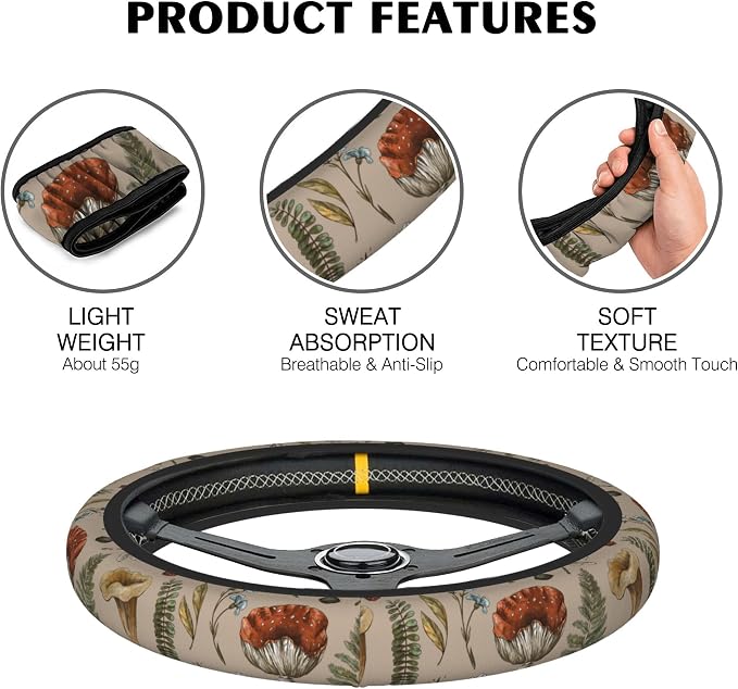 Vintage Mushroom Plants Steering Wheel Covers Universal 15 Inch Car Wheel Cover,Anti-Slip Breathable Car Accessories Protector Fit for Trucks,Sedans,SUVs,Vans