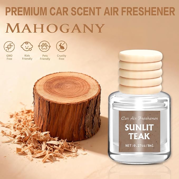 6 Pack Car Air Freshener, Mahogany Premium Woody Car Air Freshener Diffuser Fragrance, Hanging Essential Oil Diffuser for Interior Decor, Long Lasting Car Accessories Unisex (Sunlit Teak Scent)