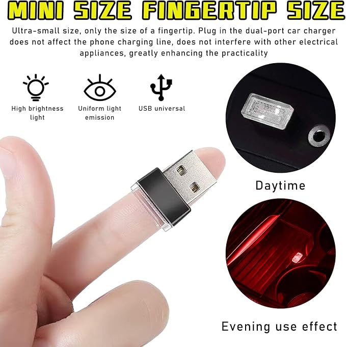 4 PCS USB LED Car Interior Atmosphere Lamp, Plug-in USB Decor Night Light, Portable Auto Ambient Lighting Kit, Universal Vehicle Interior Accessories for Most Cars (2 Red+2 Purple)