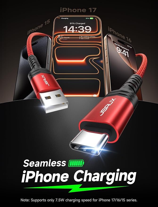 USB C Cable [2-Pack 15ft], USB A to USB Cord Fast Charging for iPhone Air, iPhone 17, iPhone 17 Pro, iPhone 17 Pro Max, iPhone 16/iPhone 15 Series, Samsung S20 S10, Note 20 10, Car Play - Red