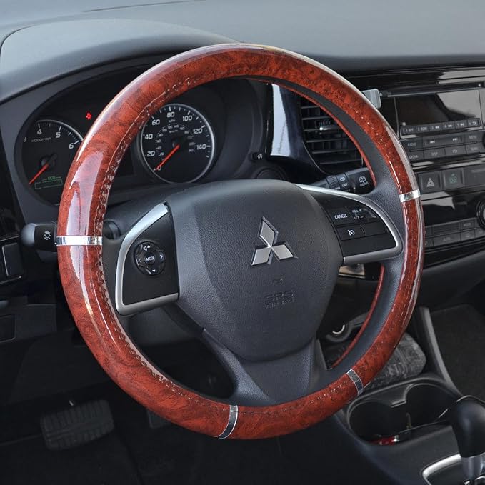 Dark Wood Grain Car Steering Wheel Cover, Standard 15 inch Size, Made to Fit Most Auto Truck Van SUV