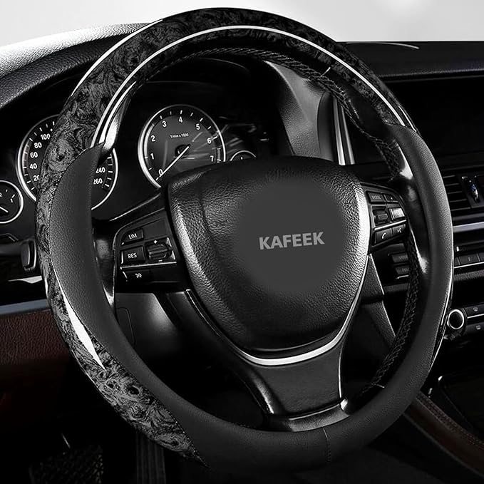 Wood Grain Steering Wheel Cover Microfiber Leather Universal 14 1/2-15 inch, Car Steering Wheel Cover Men Women, Comfortable, Anti-Slip, Odorless, Black