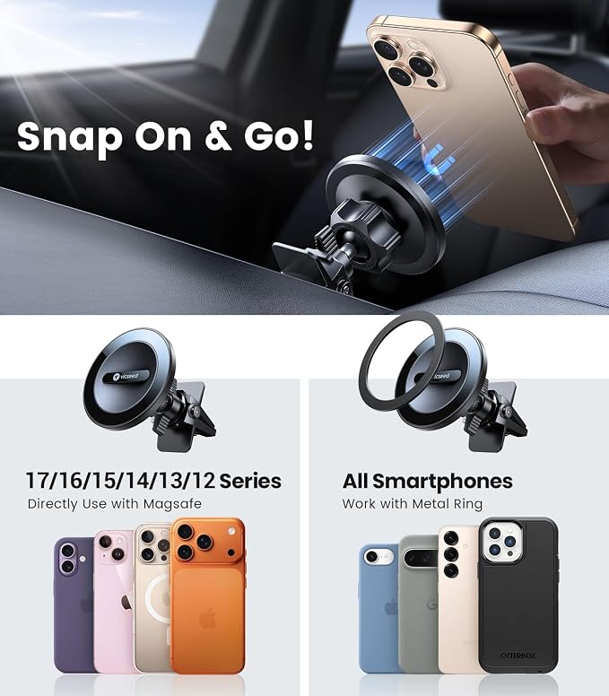 for MagSafe Car Mount [Super Magnet Power & Vent-Safe Clip] Upgraded Steel Core Magnetic Phone Holder 360° Adjustable Hands Free Vent Mount for 17 16 15 14 13 12 Pro Max