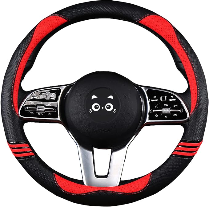 Premium Grip Steering Wheel Cover with Anti-Slip Rubber Ring, Made of Carbon Fiber & Breathable PU Leather, Universal Fit for 14.5-15 Inch Car and SUV (Passion Red)
