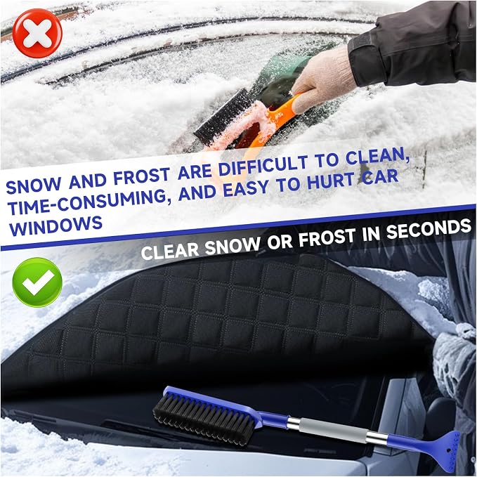 Car Windshield Snow Cover with Side Mirror Cover & 2 in 1 Brush | Thickened 4 Layers, Cold Protection, Ice Scraper, For Most Cars SUVs Trucks