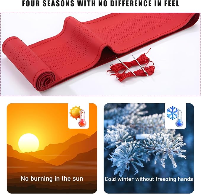 Genuine Leather Steering Wheel Cover, Stitch on Wrap, Breathable Anti-Slip Car Steering Wheel Protector for Max Diameter 15 Inch, DIY Sewing with Needles Thread (Red, Middle Hole)