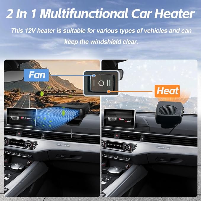 Portable 12v Heater, 200W Fast Heating Fan, Plug into Cigarette Lighter 360 Degree Rotation for Car Windshield, Defroster Defogger Car Heater