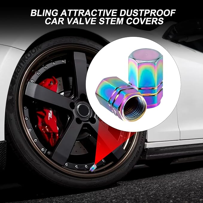 Colorful Aluminum Tire Stem Valve Caps Wheel Valve Covers Car Dustproof Tire Cap Cover Accessories, Universal for SUV, Car, Bike and Motorcycle，Hexagon Shape (4PCS)