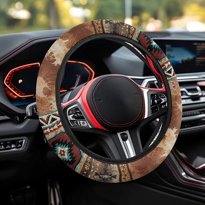 Car Steering Wheel Cover Universal Fit SUV Truck Van, Anti-Skid Soft Stretchy All Weather Protection Auto Decor Accessories, Aztec Navajo Splash Brown