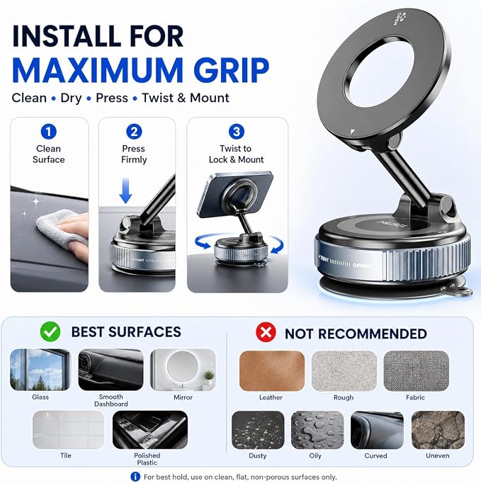 MUSEL Magnetic Car Phone Holder for MagSafe, Vacuum Mount for iPhone 17-12 | 88 lb suction hold, 2600 gf magnetic force, 22 N55 magnets, 360 degree rotation, bottom plate and ring included, dash mount