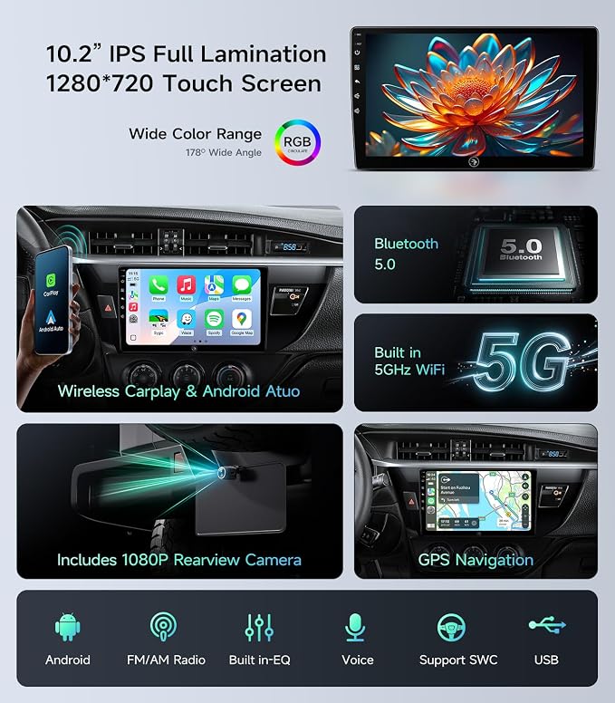 Car Radio Stereo for Toyota Corolla 14-16, Wireless CarPlay Android Auto | 10.2 Inch IPS HD touchscreen, 64G storage, 5G WiFi GPS, Bluetooth FM AM SWC, plug-and-play, 1080P backup camera
