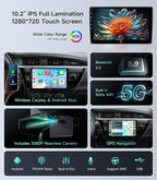 Car Radio Stereo for Toyota Corolla 14-16, Wireless CarPlay Android Auto | 10.2 Inch IPS HD touchscreen, 64G storage, 5G WiFi GPS, Bluetooth FM AM SWC, plug-and-play, 1080P backup camera