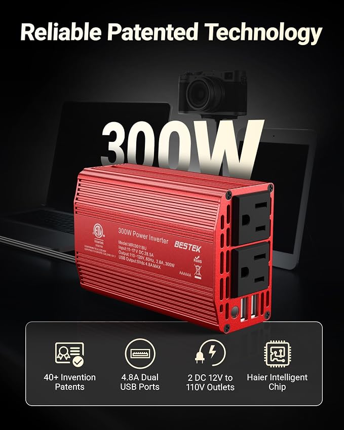 Power Inverter DC 12V to AC 110V - 300W Car Plug Adapter Outlet with 4.8A Dual USB Fast Charging Port - Car Charger Cigarette Lighter Adapter for Phone, Laptop on Road Trip - Aluminum Housing