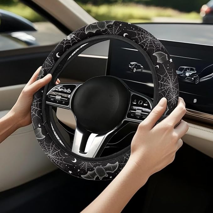 Automotive Steering Wheel Covers for Driver Universal 14 to 15 in | Bat Spider Web Print Steering Wheel Protector with Cloth for Women, Keep Warm Comfort Grip, Sweat Absorption Neoprene